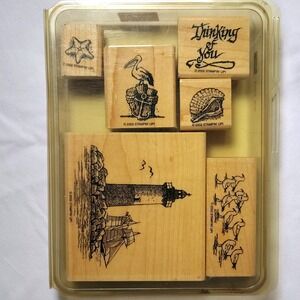 Vintage Stampin Up Calm Seas Wood Mount Stamps Set of 6 Lighthouse Sailboat 2002